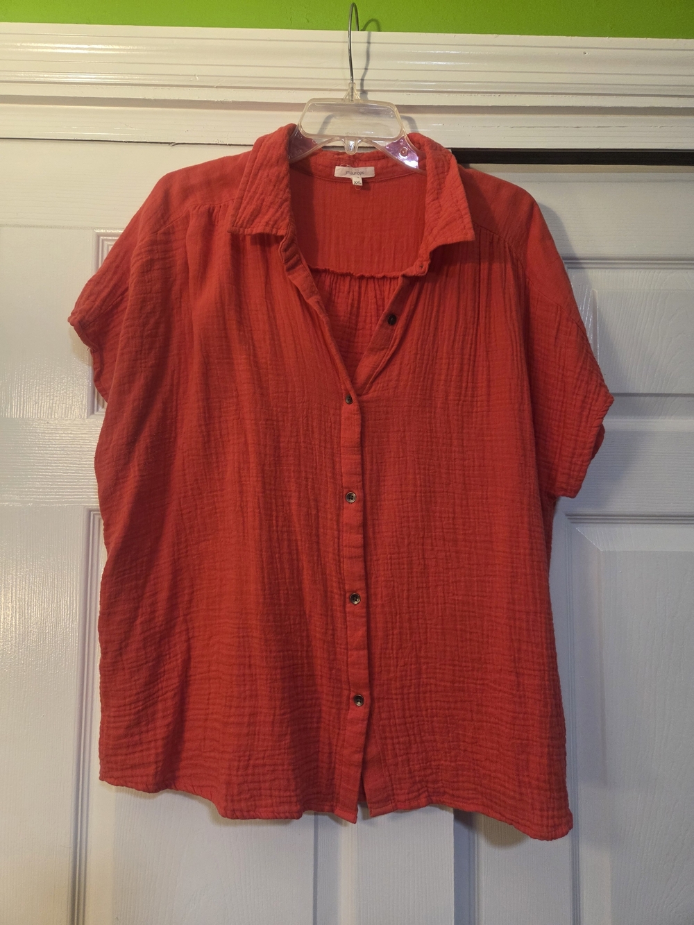 Maurices Plus Size XXL Vibrant Coral Crinkle Gauze Short Sleeve Button Down Top